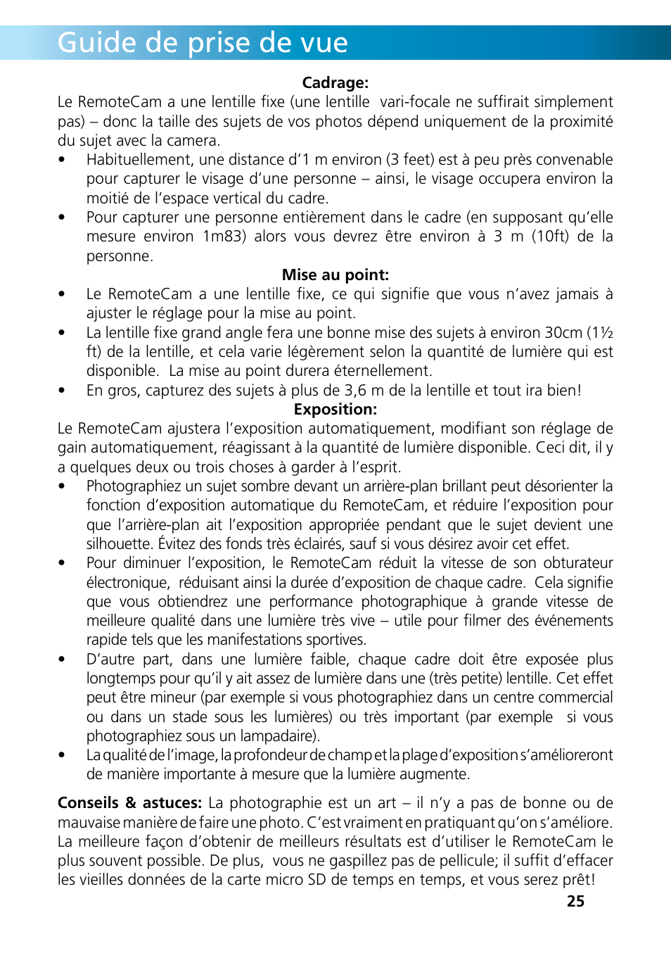 Guide de prise de vue | Swann REMOTECAM RMC190210T User Manual | Page 25 / 48