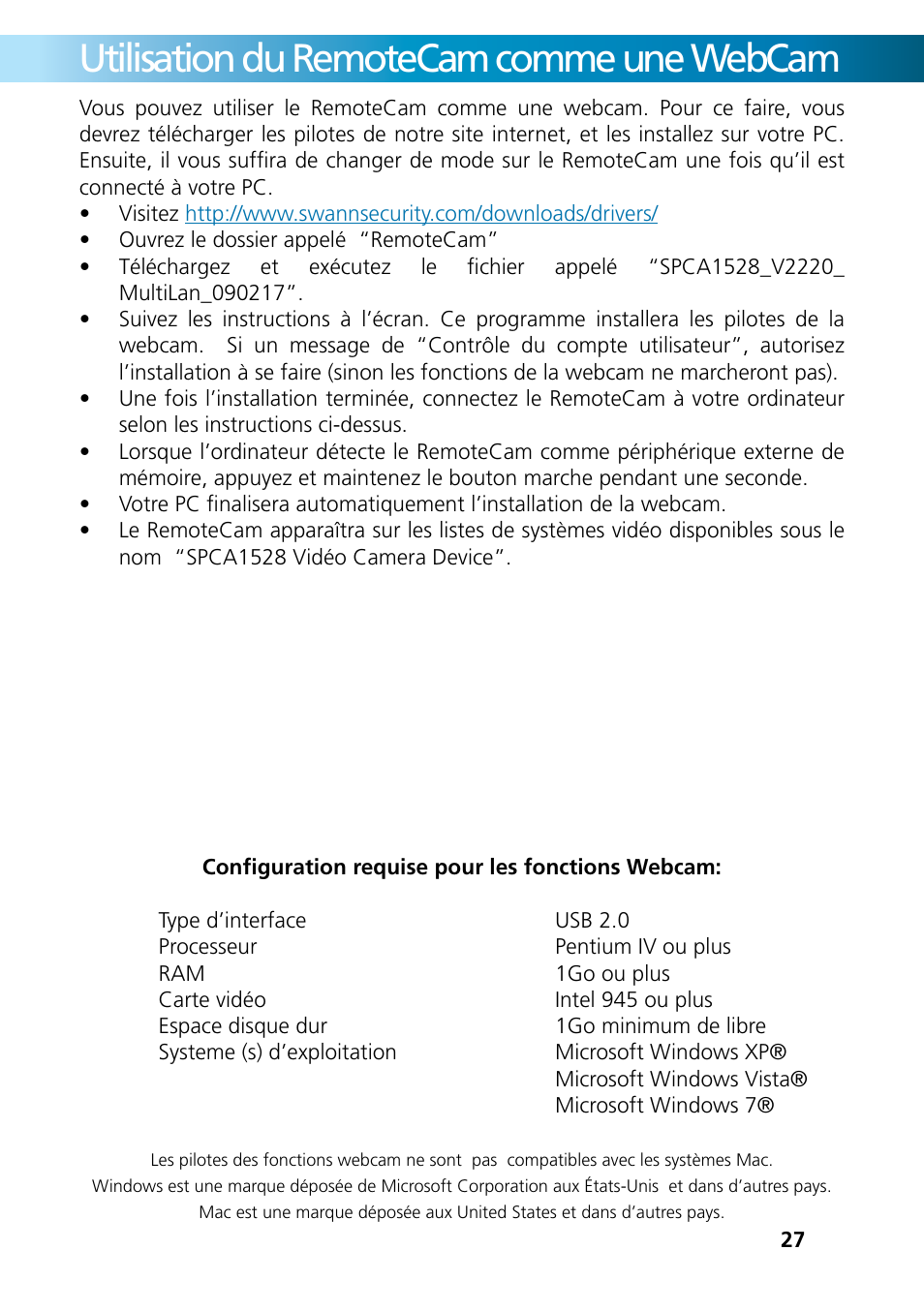 Utilisation du remotecam comme une webcam | Swann REMOTECAM RMC190210T User Manual | Page 27 / 48