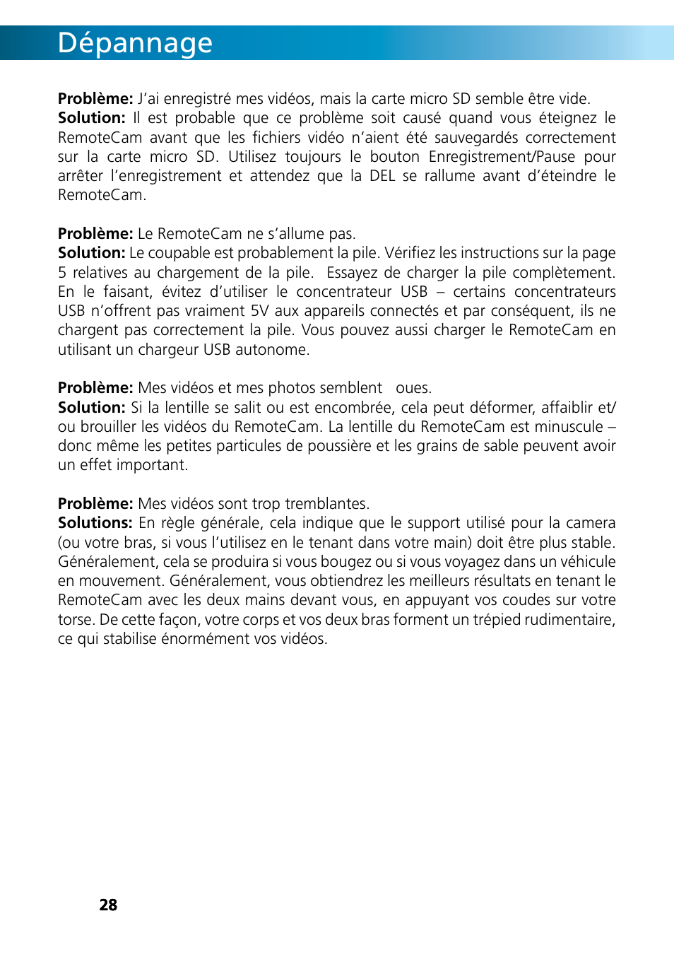Dépannage | Swann REMOTECAM RMC190210T User Manual | Page 28 / 48