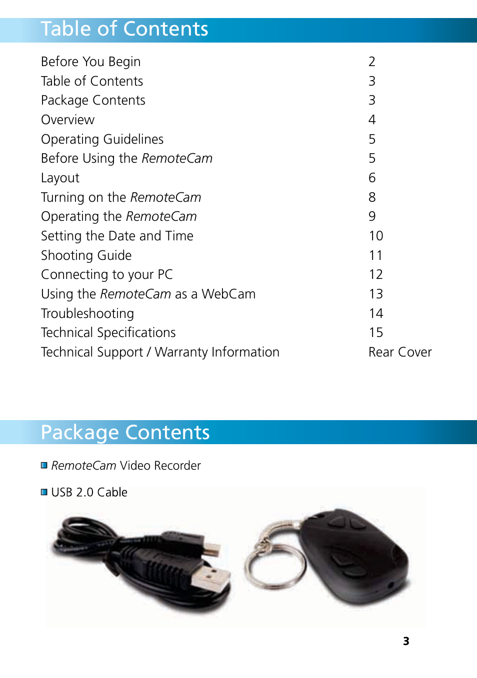 Table of contents package contents | Swann REMOTECAM RMC190210T User Manual | Page 3 / 48