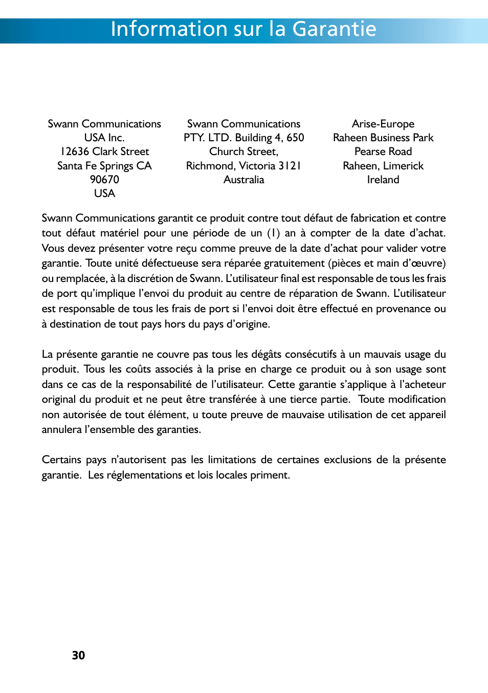 Information sur la garantie | Swann REMOTECAM RMC190210T User Manual | Page 30 / 48