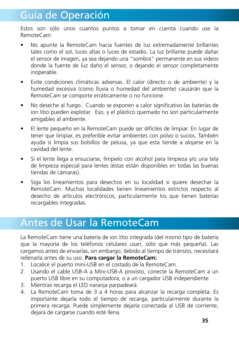 Antes de usar la remotecam, Guía de operación | Swann REMOTECAM RMC190210T User Manual | Page 35 / 48