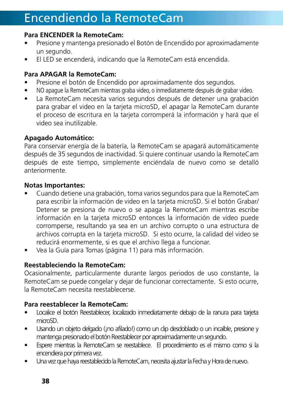 Encendiendo la remotecam | Swann REMOTECAM RMC190210T User Manual | Page 38 / 48