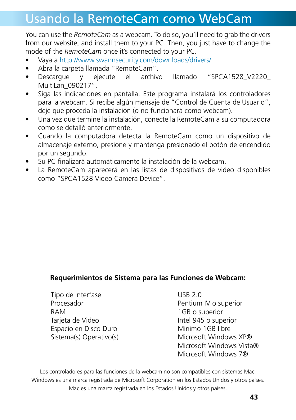 Usando la remotecam como webcam | Swann REMOTECAM RMC190210T User Manual | Page 43 / 48
