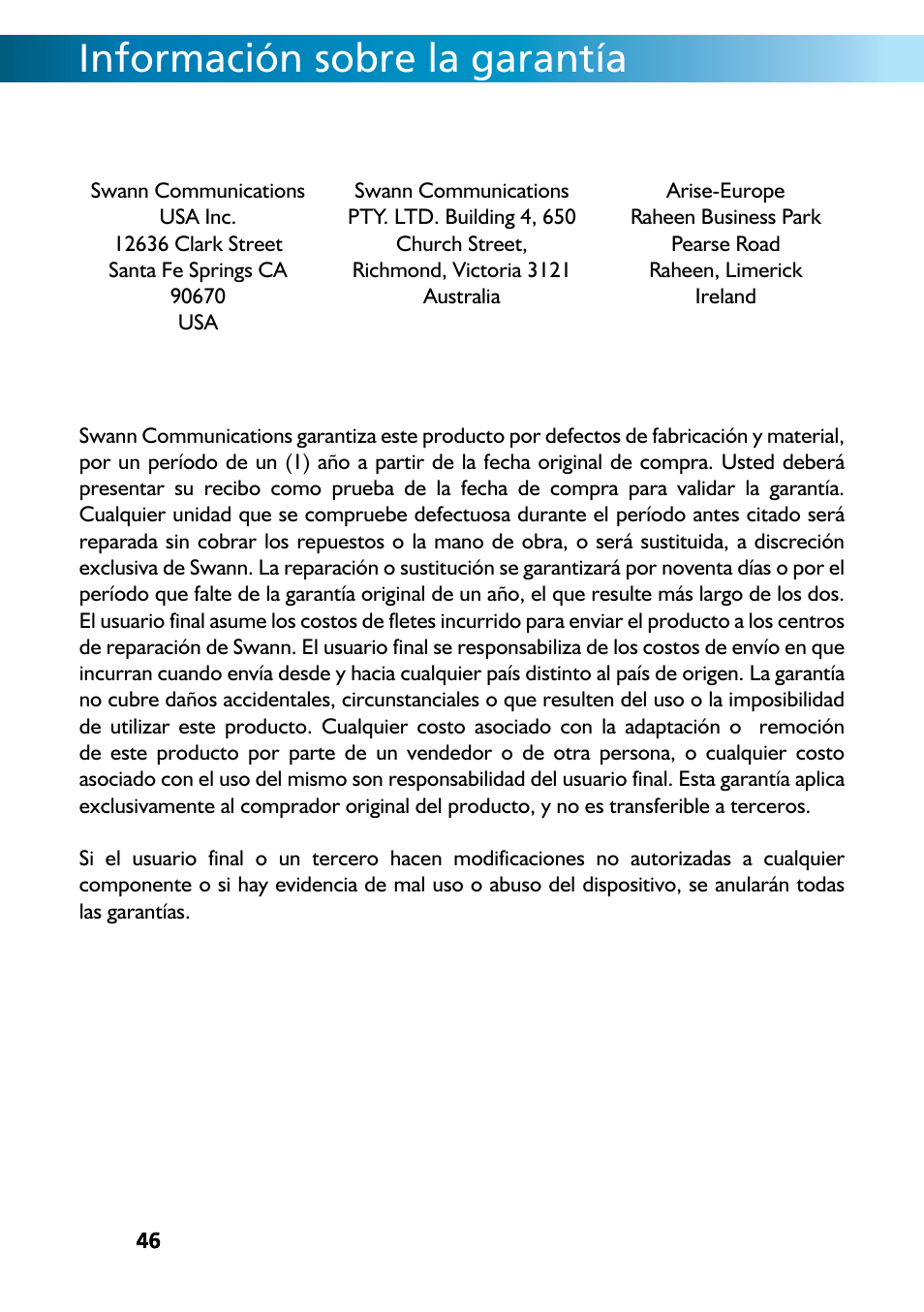 Información sobre la garantía | Swann REMOTECAM RMC190210T User Manual | Page 46 / 48