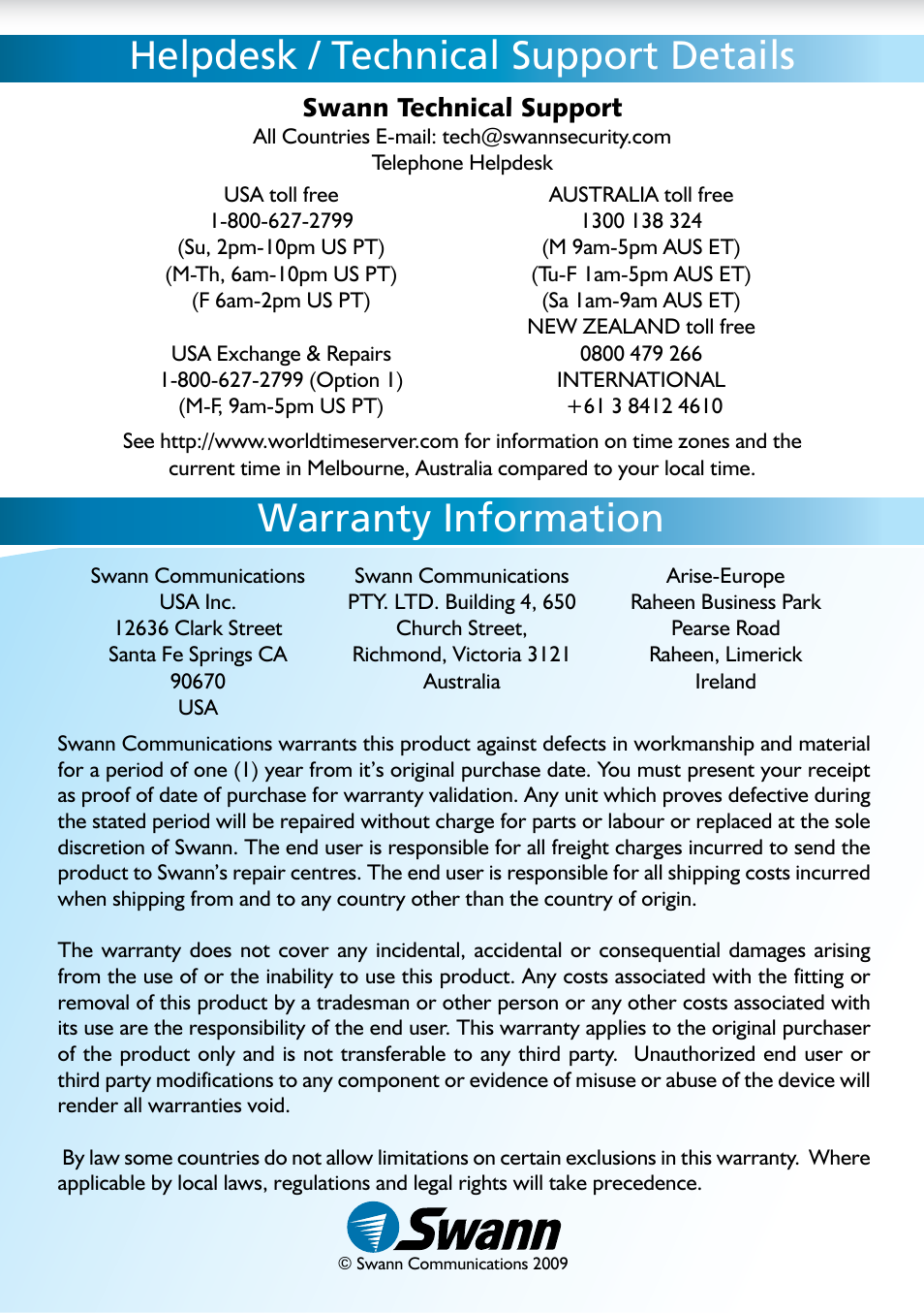 Swann technical support | Swann REMOTECAM RMC190210T User Manual | Page 48 / 48