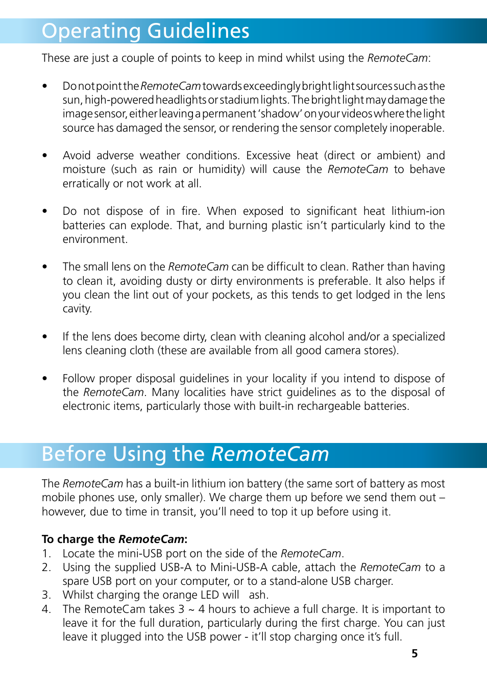 Before using the remotecam, Operating guidelines | Swann REMOTECAM RMC190210T User Manual | Page 5 / 48