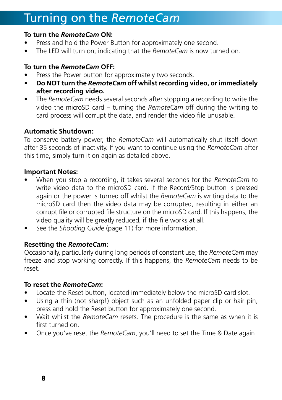 Turning on the remotecam | Swann REMOTECAM RMC190210T User Manual | Page 8 / 48