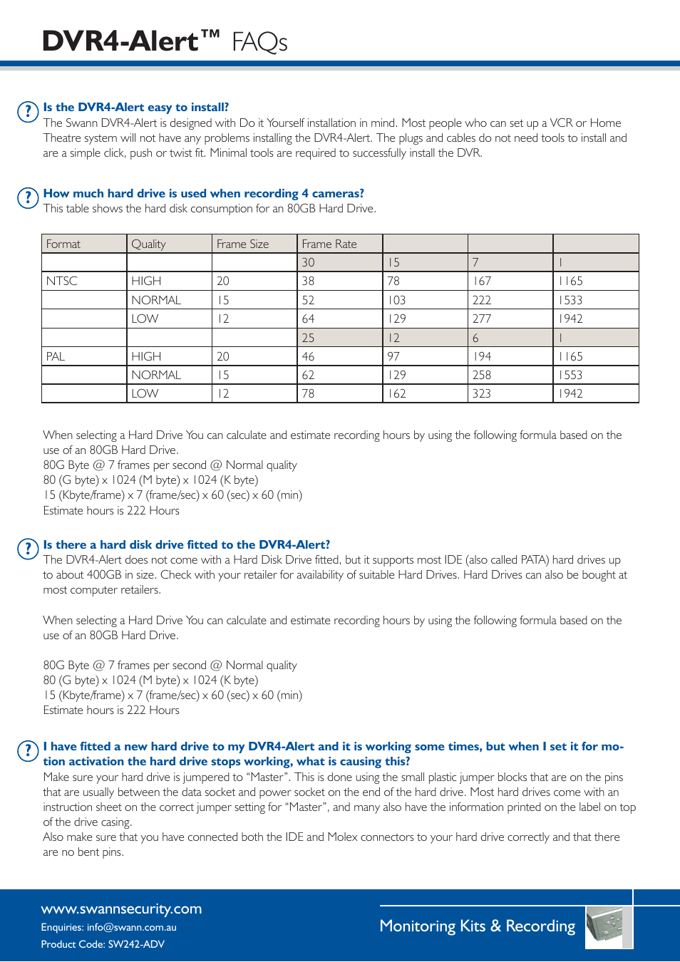 Dvr4-alert, Faqs, Monitoring kits & recording | Swann SW242-ALR User Manual | Page 2 / 4