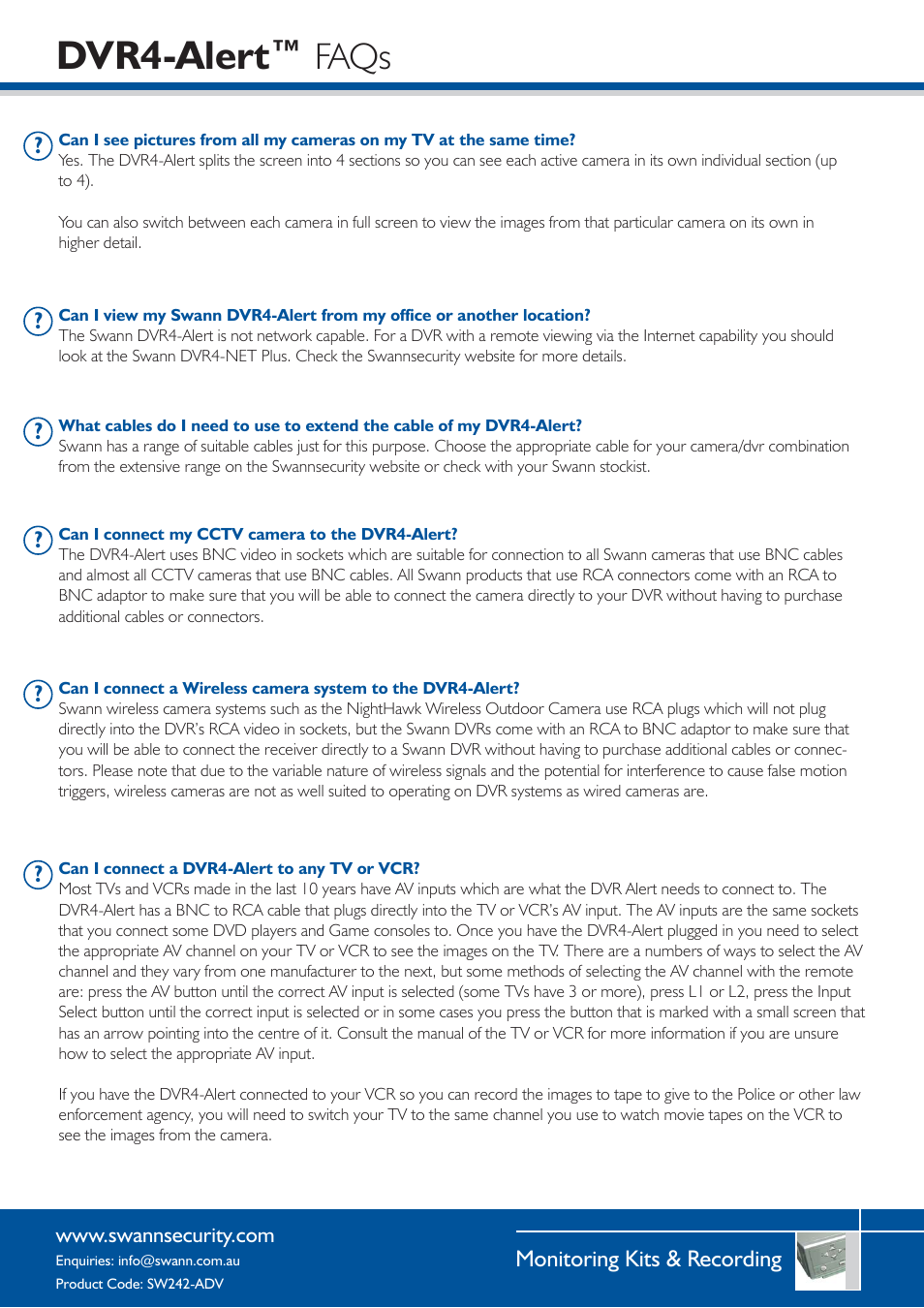 Dvr4-alert, Faqs | Swann SW242-ALR User Manual | Page 3 / 4
