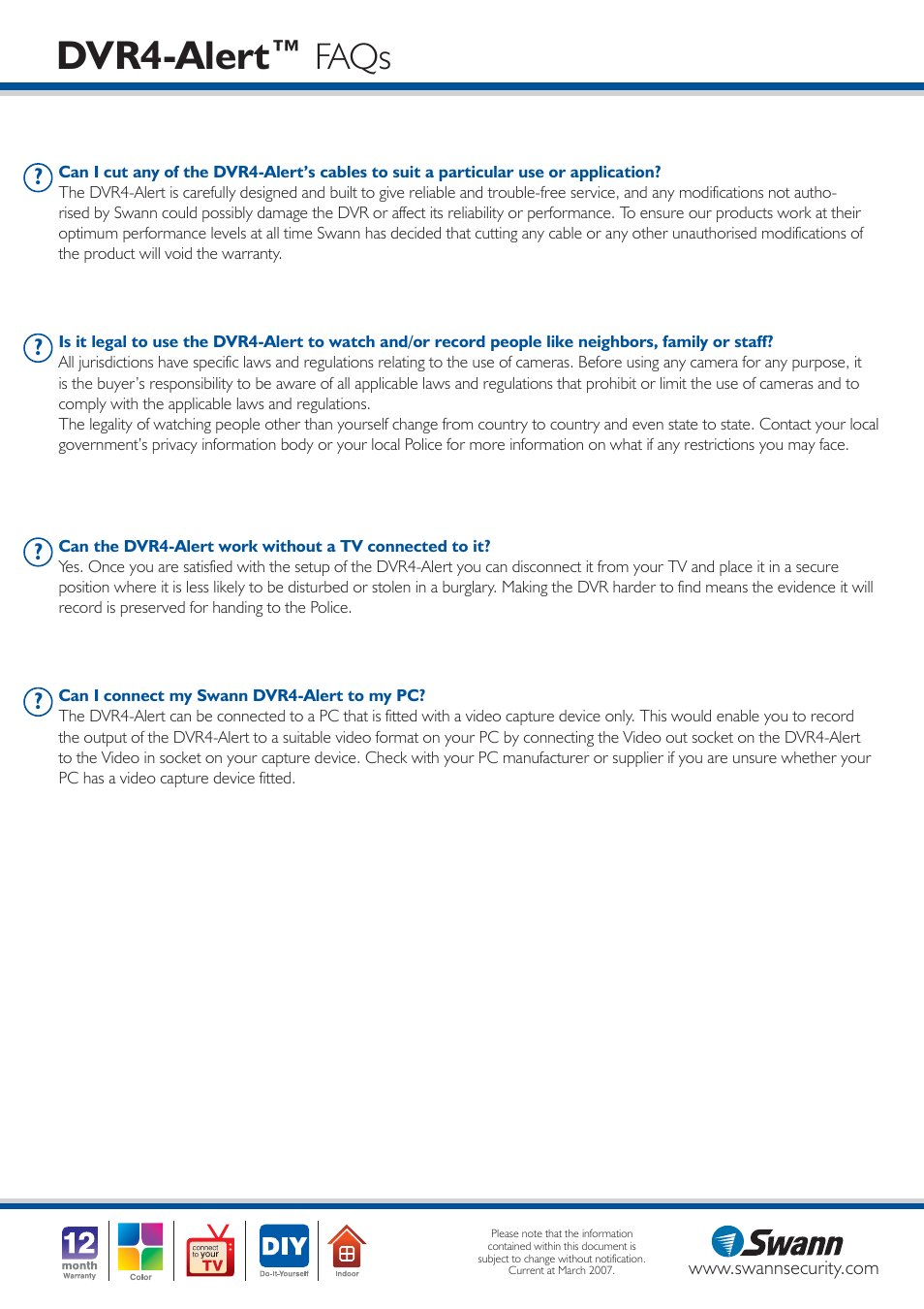 Dvr4-alert, Faqs | Swann SW242-ALR User Manual | Page 4 / 4