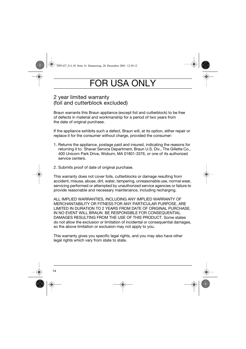 For usa only | Braun 7680 User Manual | Page 14 / 38