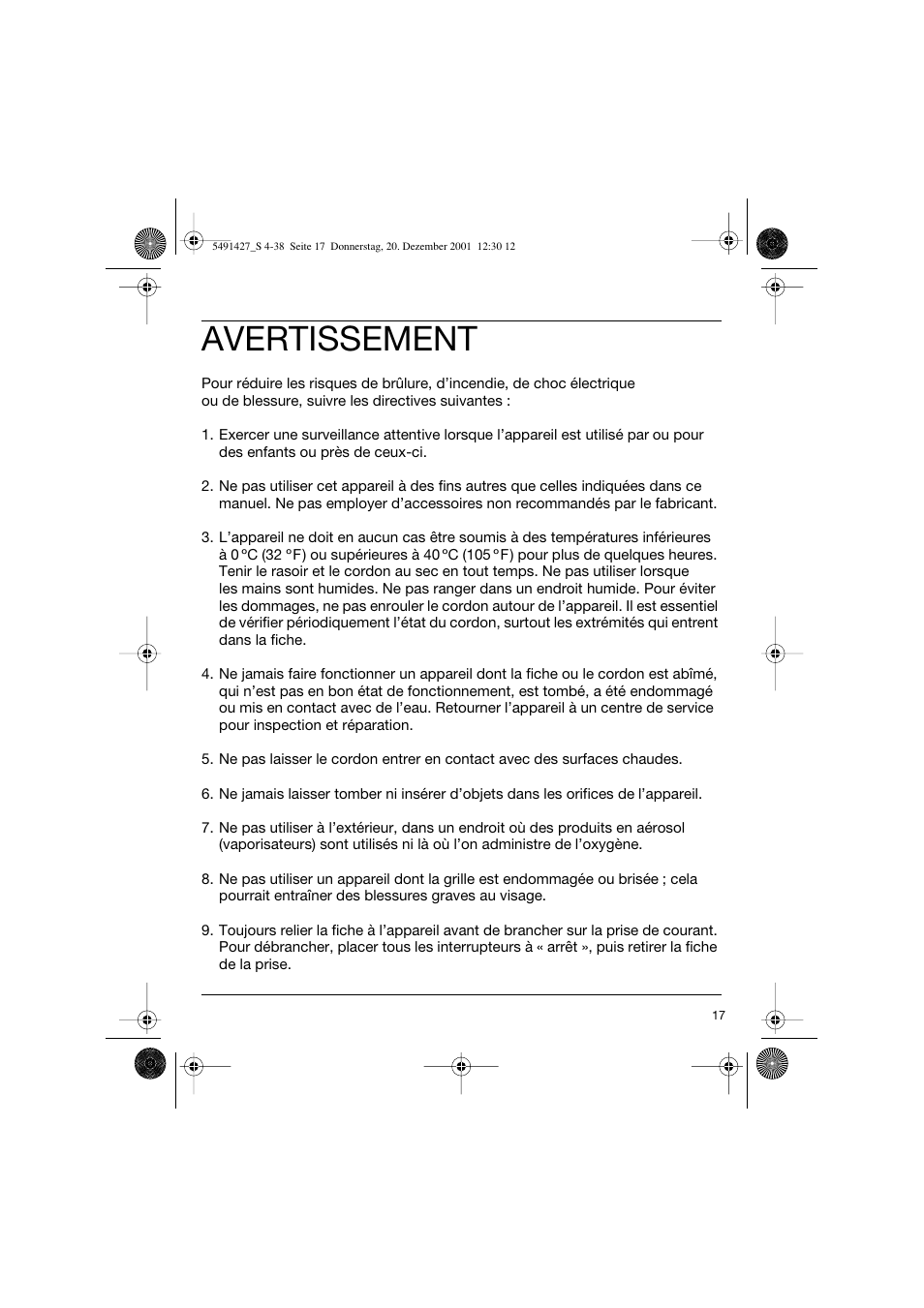 Avertissement | Braun 7680 User Manual | Page 17 / 38