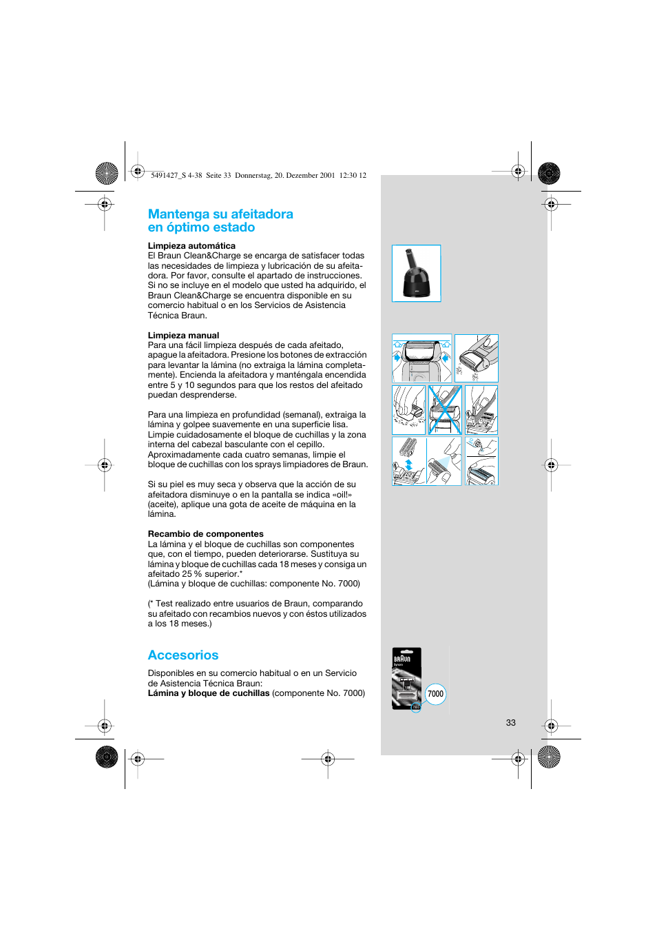 Mantenga su afeitadora en óptimo estado, Accesorios | Braun 7680 User Manual | Page 33 / 38