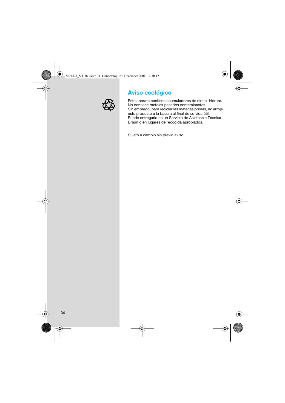 Aviso ecológico | Braun 7680 User Manual | Page 34 / 38