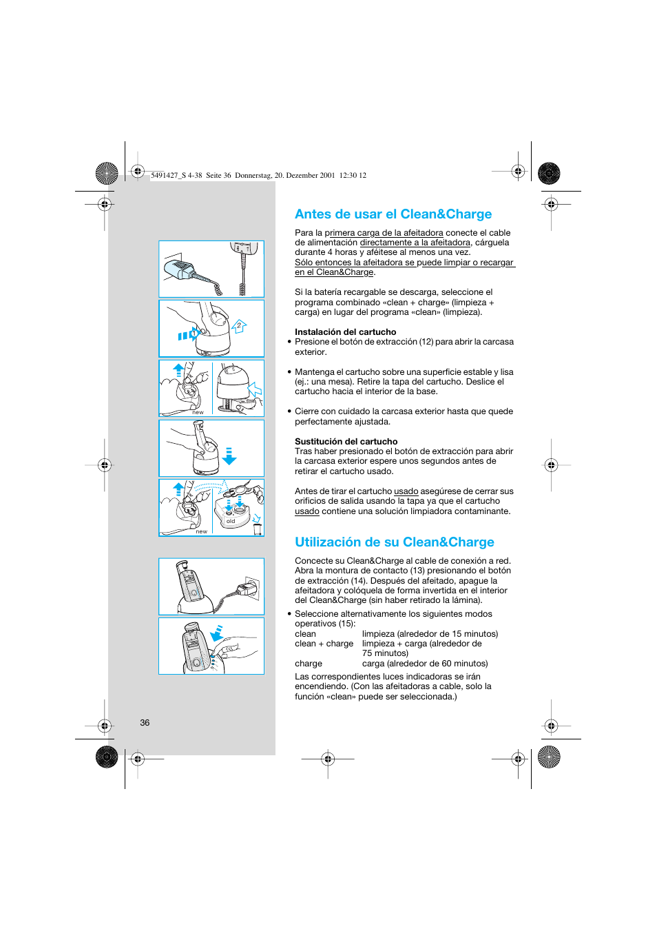Antes de usar el clean&charge, Utilización de su clean&charge | Braun 7680 User Manual | Page 36 / 38