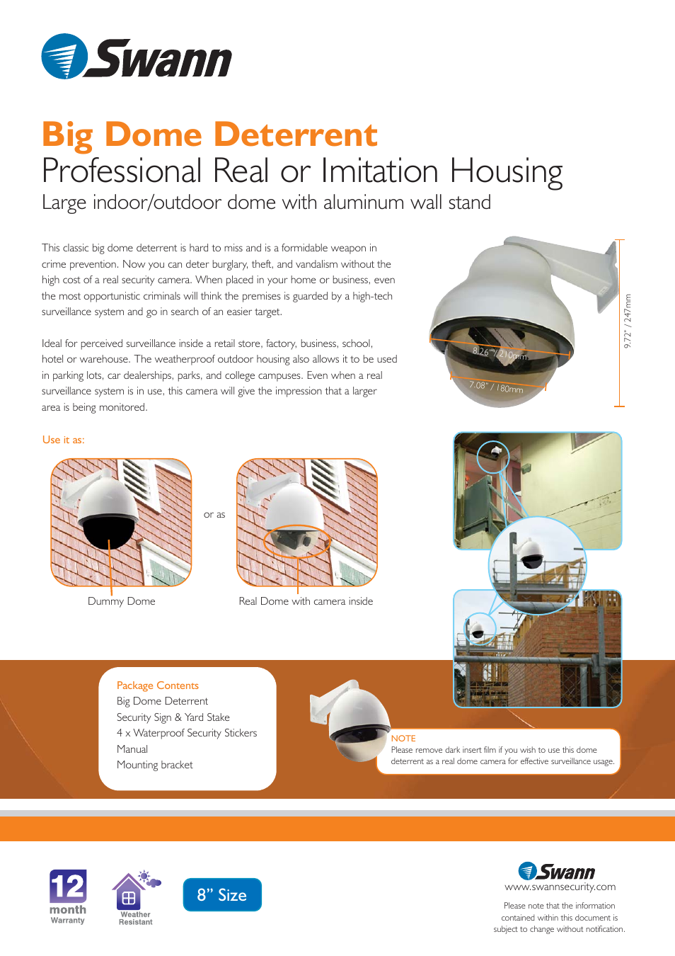 Large indoor/outdoor dome with aluminum wall stand, 8” size | Swann S275-7DE User Manual | Page 2 / 2