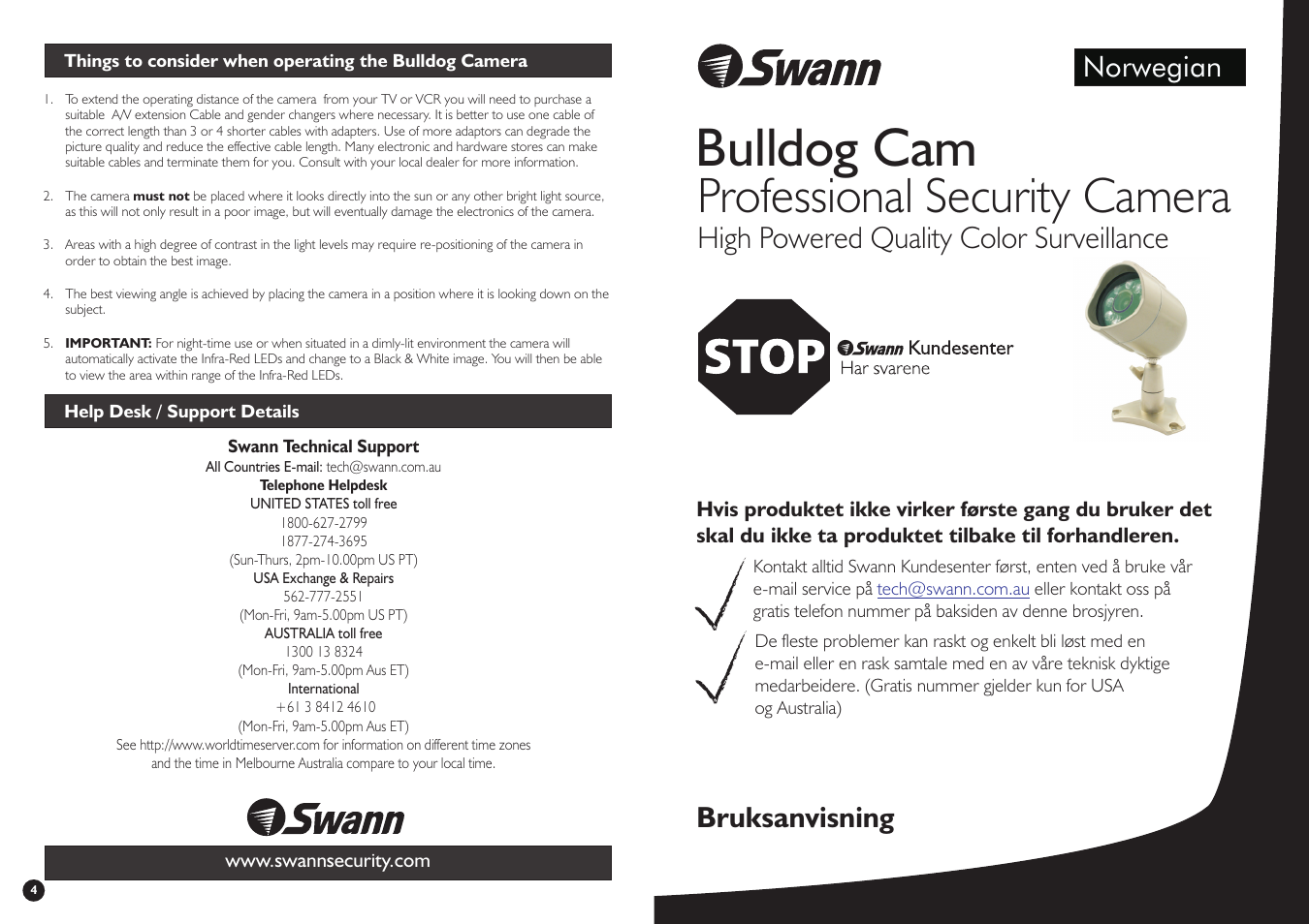 Bulldog cam, Professional security camera, High powered quality color surveillance | Bruksanvisning, Norwegian | Swann Professional Security Camera User Manual | Page 4 / 4