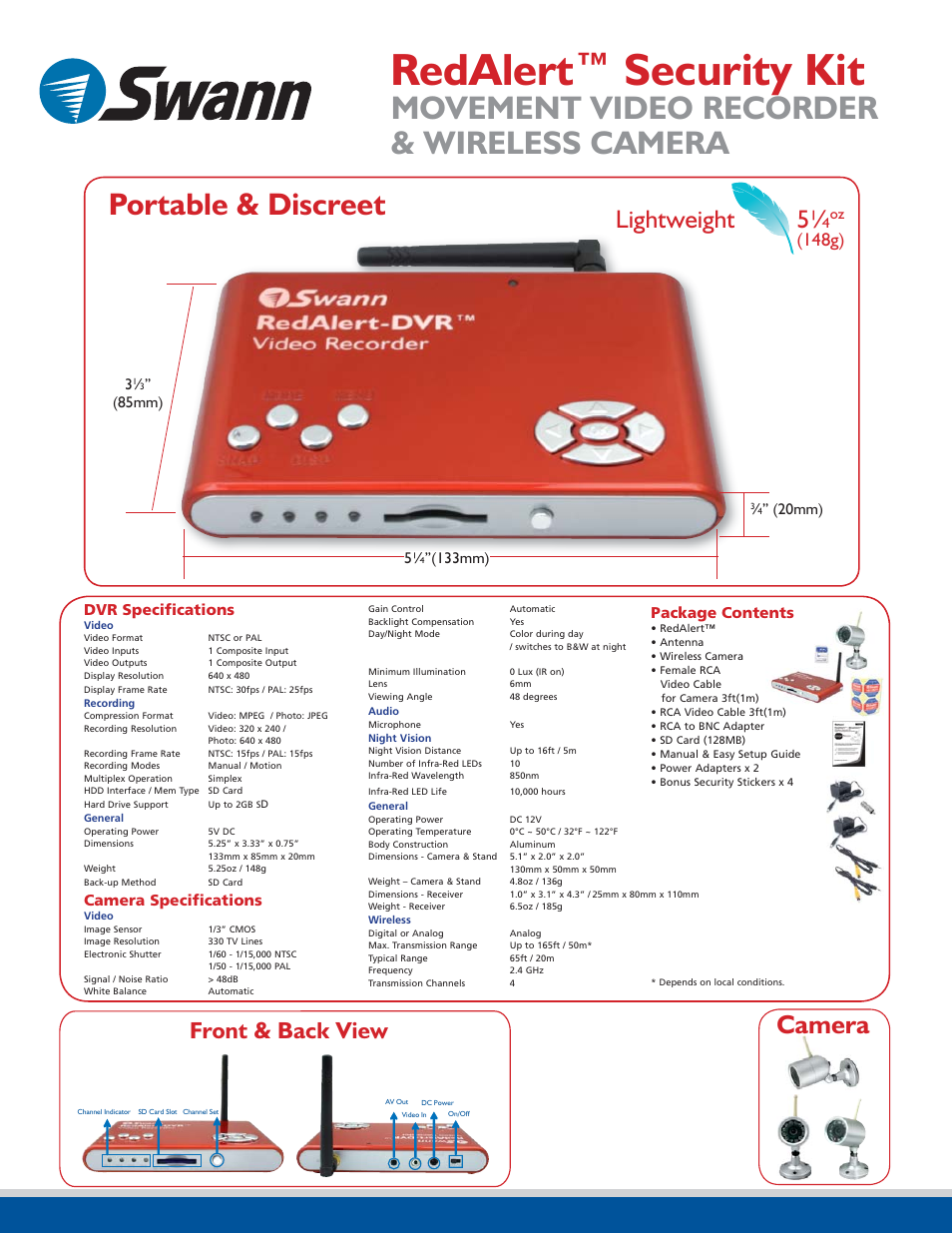 Redalert™ security kit, Movement video recorder & wireless camera, Portable & discreet | Camera, Lightweight 5, Front & back view, 148g), 85mm), Package contents, Dvr speciﬁ cations | Swann RedAlert SW242-WDW User Manual | Page 2 / 2