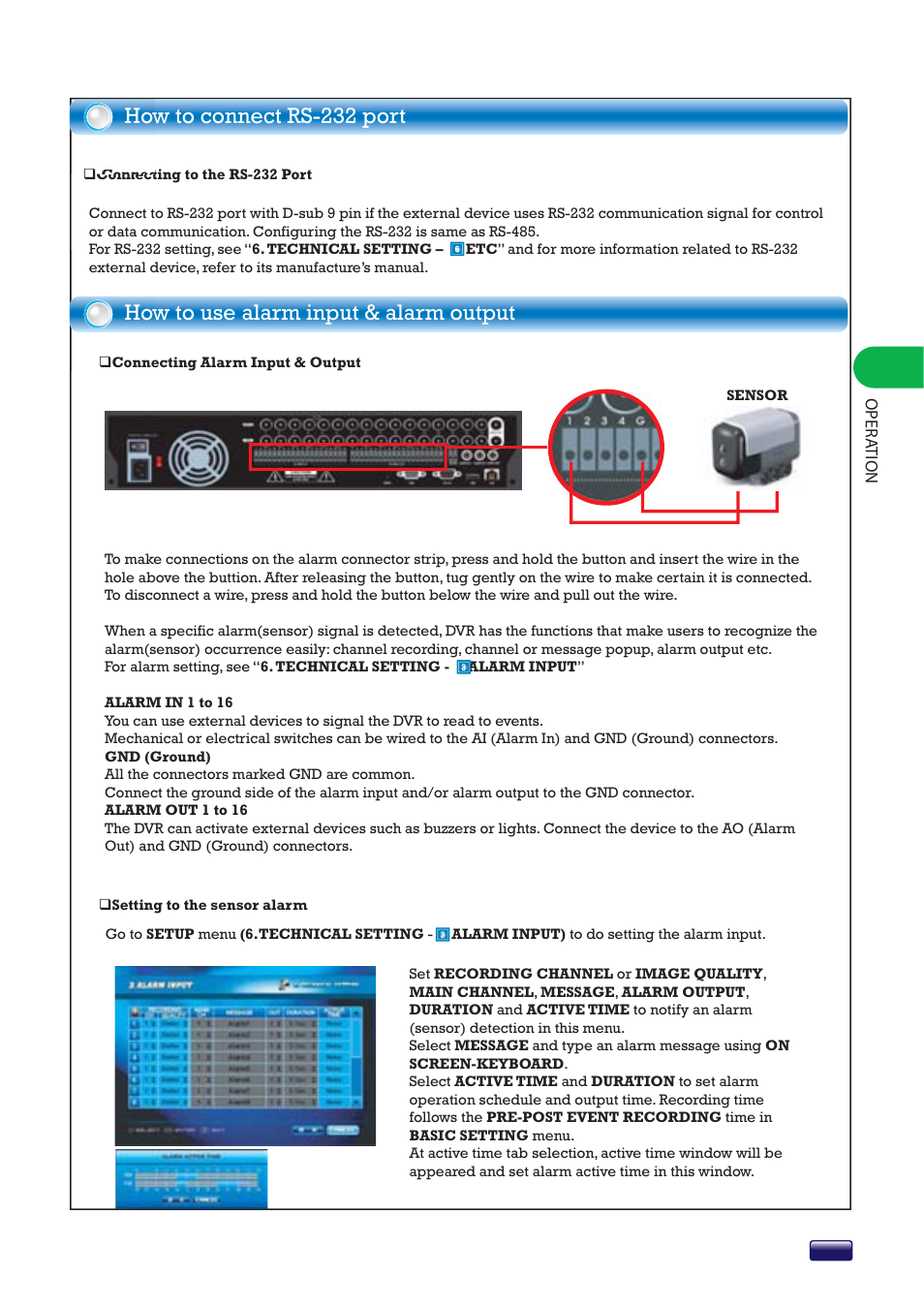 How to use alarm input & alarm output, How to connect rs-232 port | Swann 16-8500AI SW243-X6G User Manual | Page 19 / 44