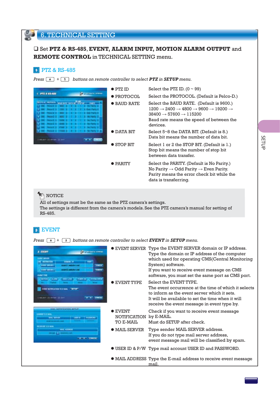 Technical setting, Ptz & rs-485 event | Swann 16-8500AI SW243-X6G User Manual | Page 37 / 44