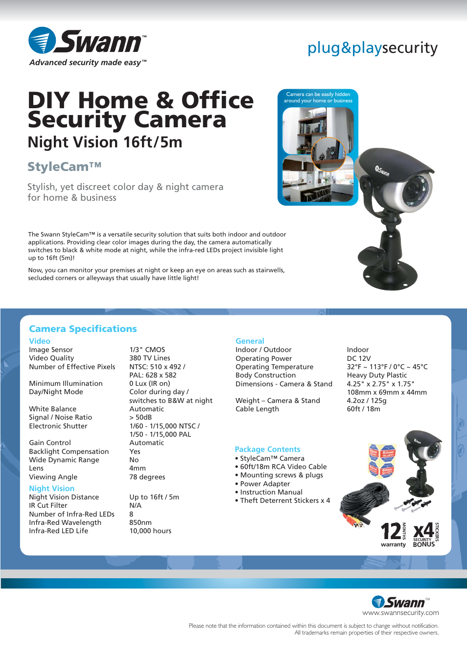 Diy home & ofﬁ ce security camera, Plug&play security, Night vision 16ft/5m | Stylecam | Swann SW211-STY User Manual | Page 2 / 2
