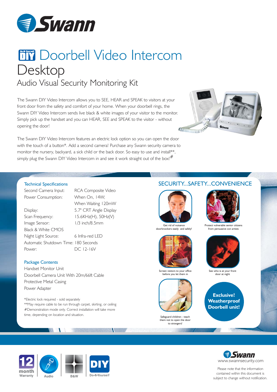 Doorbell video intercom desktop, Audio visual security monitoring kit, Security...safety...convenience | Swann Doorbell Video Intercom User Manual | Page 2 / 2