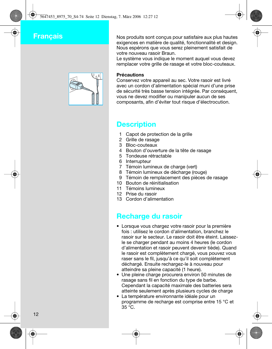 Description, Recharge du rasoir, Français | Braun 8975 User Manual | Page 12 / 70