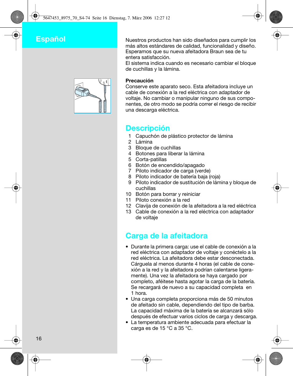 Descripción, Carga de la afeitadora, Español | Braun 8975 User Manual | Page 16 / 70