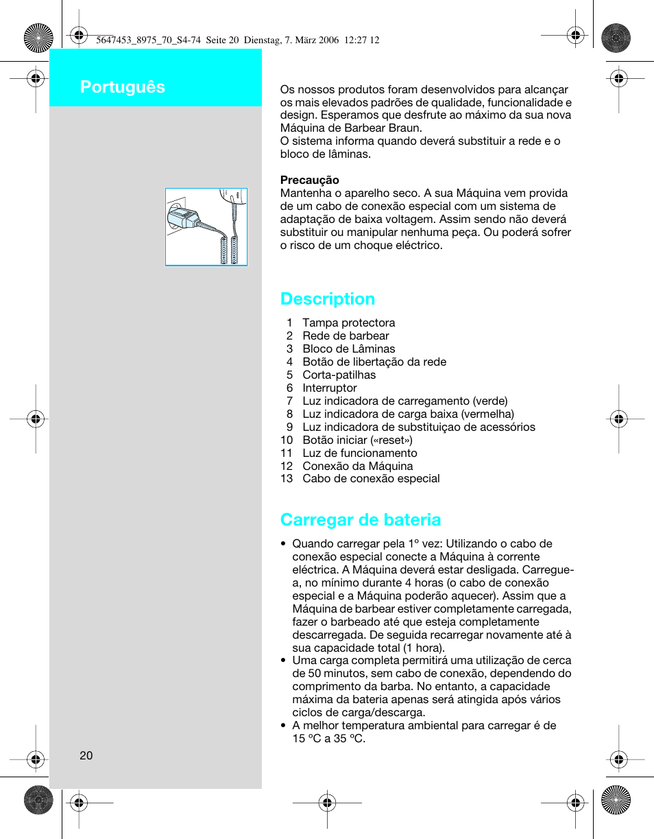 Description, Carregar de bateria, Português | Braun 8975 User Manual | Page 20 / 70