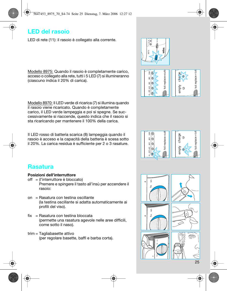 Led del rasoio, Rasatura | Braun 8975 User Manual | Page 25 / 70