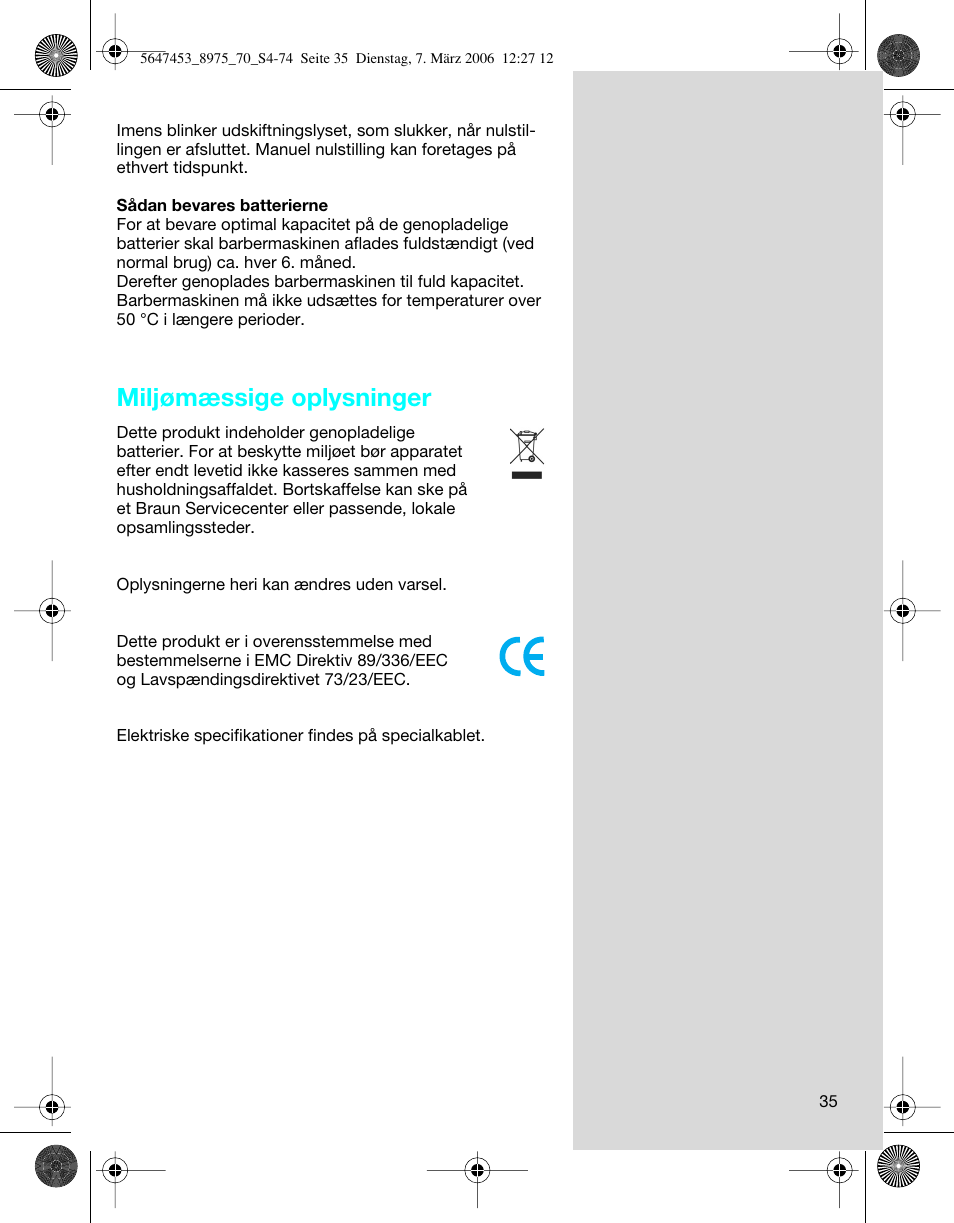 Miljømæssige oplysninger | Braun 8975 User Manual | Page 35 / 70