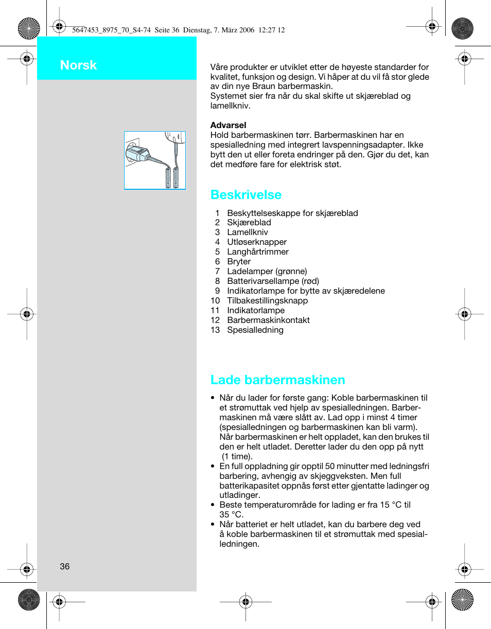 Beskrivelse, Lade barbermaskinen, Norsk | Braun 8975 User Manual | Page 36 / 70