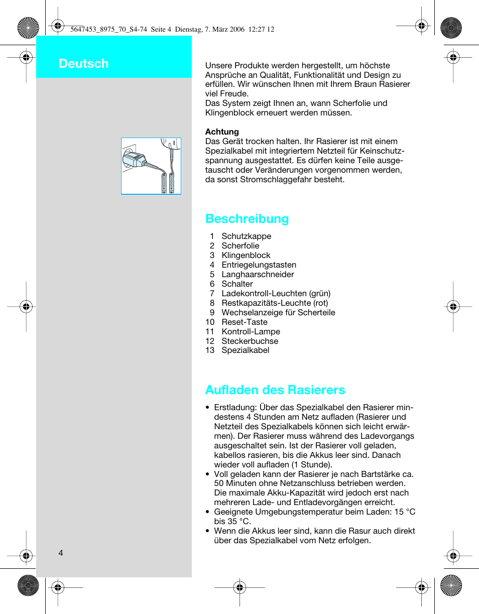Beschreibung, Aufladen des rasierers, Deutsch | Braun 8975 User Manual | Page 4 / 70