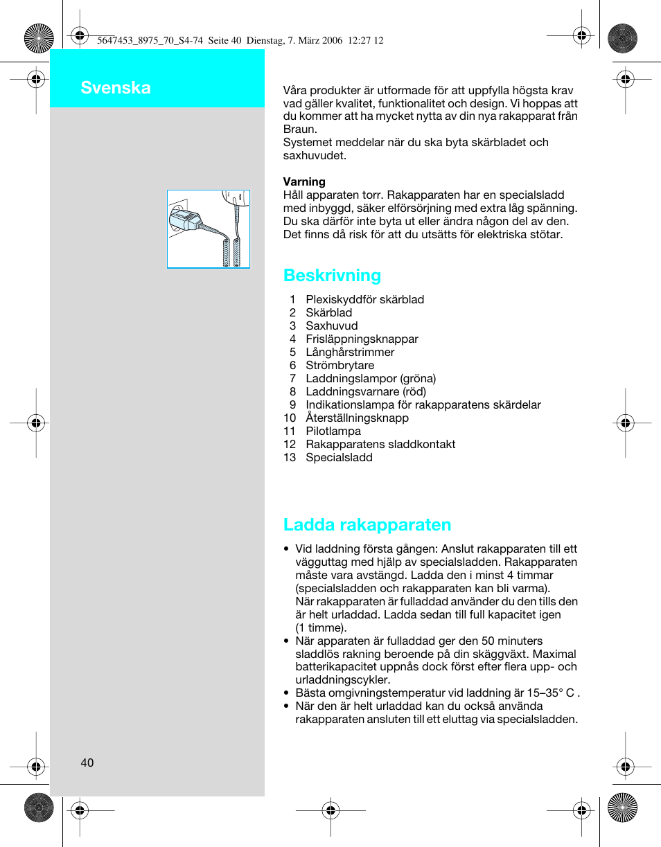 Beskrivning, Ladda rakapparaten, Svenska | Braun 8975 User Manual | Page 40 / 70