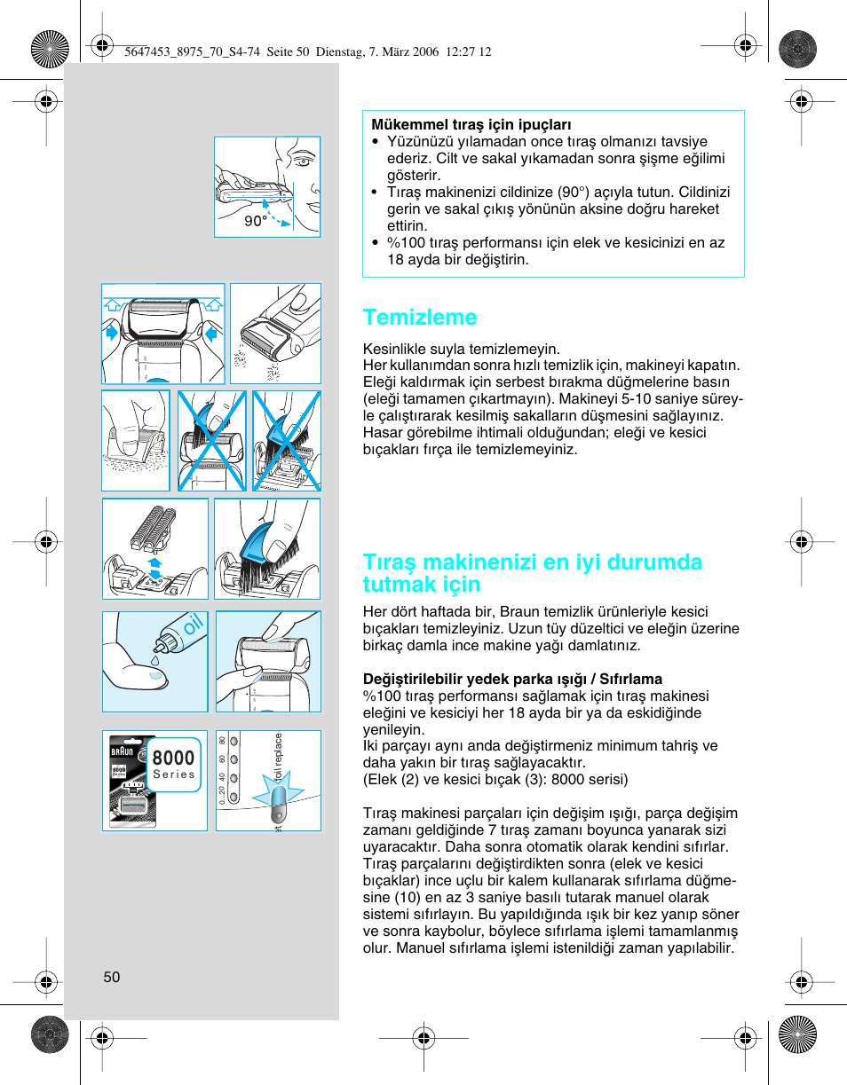 Temizleme, T∂raµ makinenizi en iyi durumda tutmak için | Braun 8975 User Manual | Page 50 / 70
