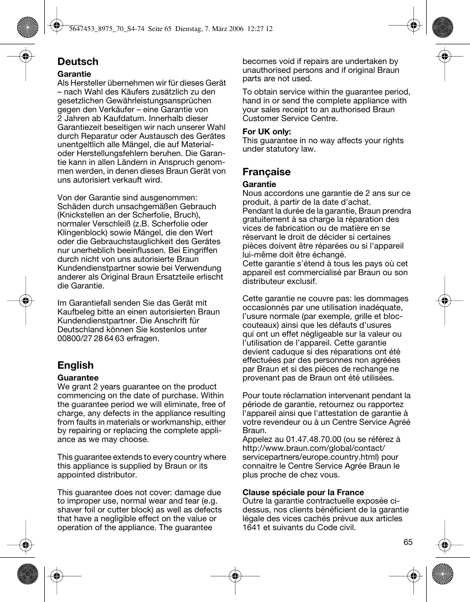 Deutsch, English, Française | Braun 8975 User Manual | Page 65 / 70
