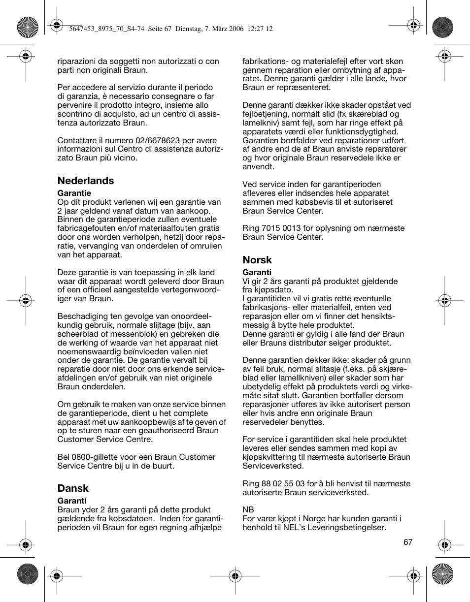 Nederlands, Dansk, Norsk | Braun 8975 User Manual | Page 67 / 70