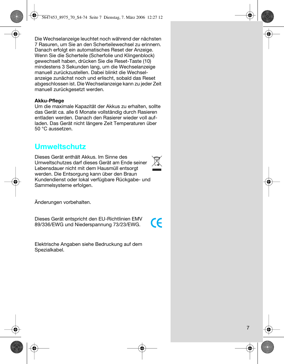 Umweltschutz | Braun 8975 User Manual | Page 7 / 70