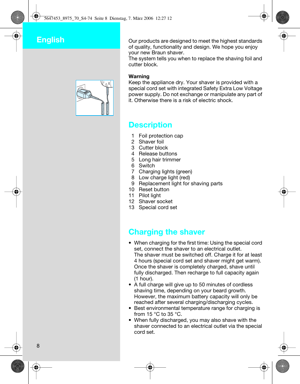 Description, Charging the shaver, English | Braun 8975 User Manual | Page 8 / 70