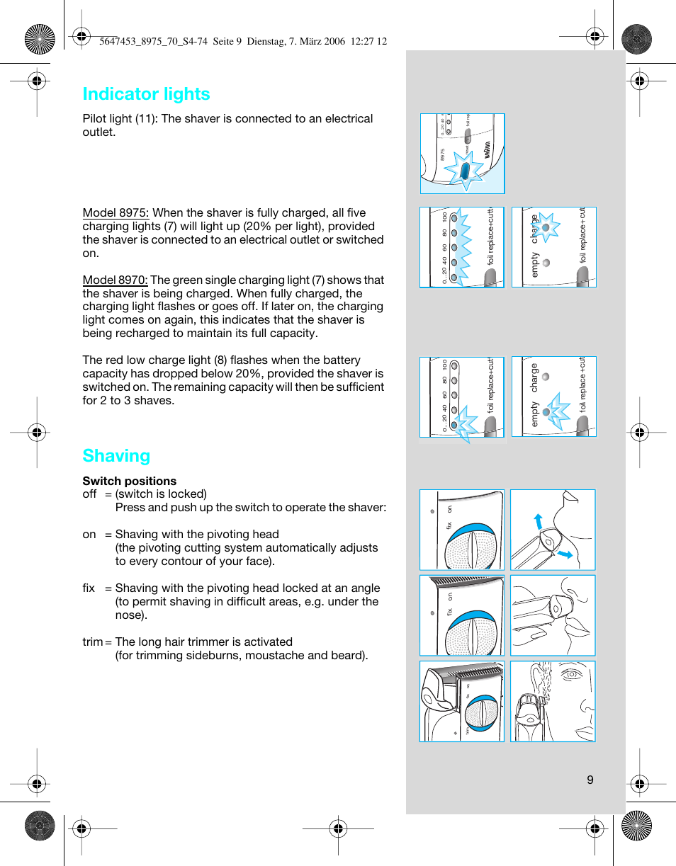 Indicator lights, Shaving | Braun 8975 User Manual | Page 9 / 70
