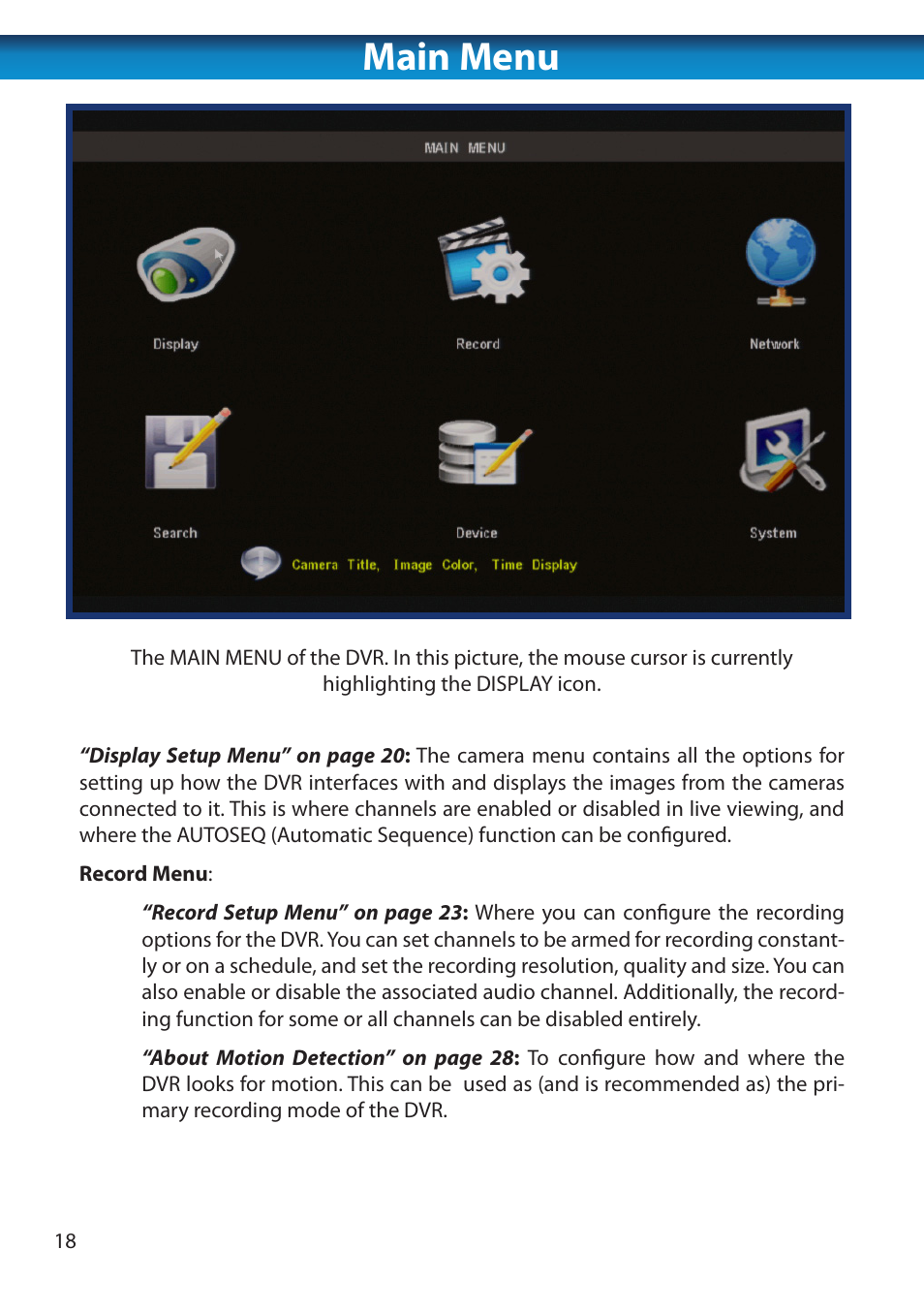 Main menu | Swann 8 Channel DVR H.264 User Manual | Page 20 / 76
