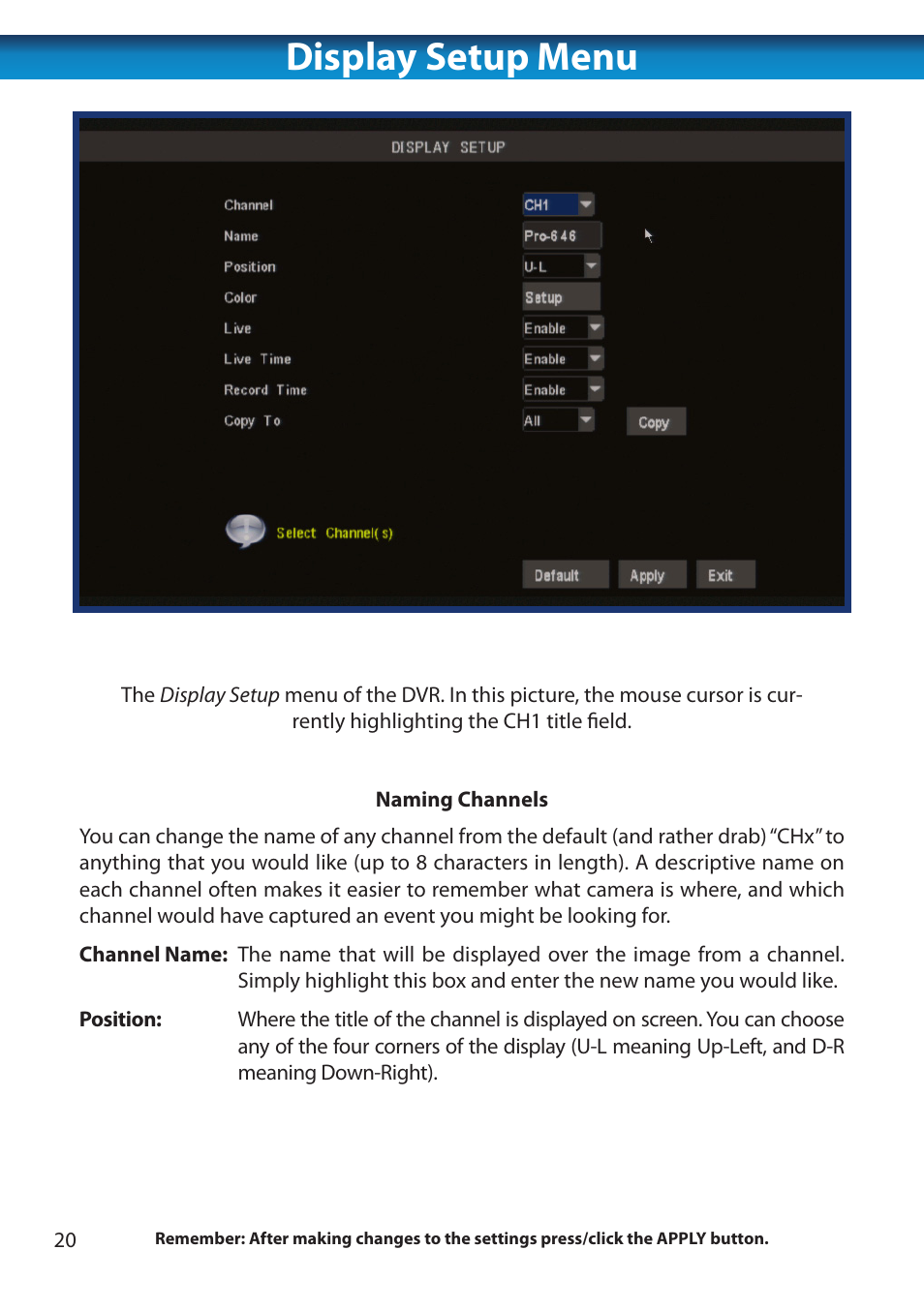 Display setup menu | Swann 8 Channel DVR H.264 User Manual | Page 22 / 76