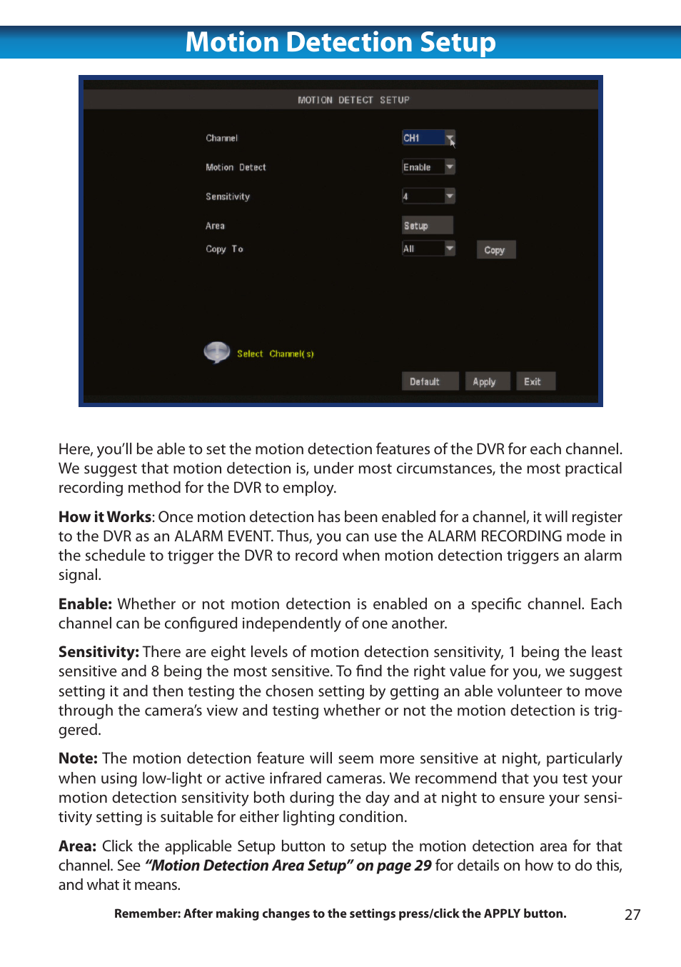 Motion detection setup | Swann 8 Channel DVR H.264 User Manual | Page 29 / 76