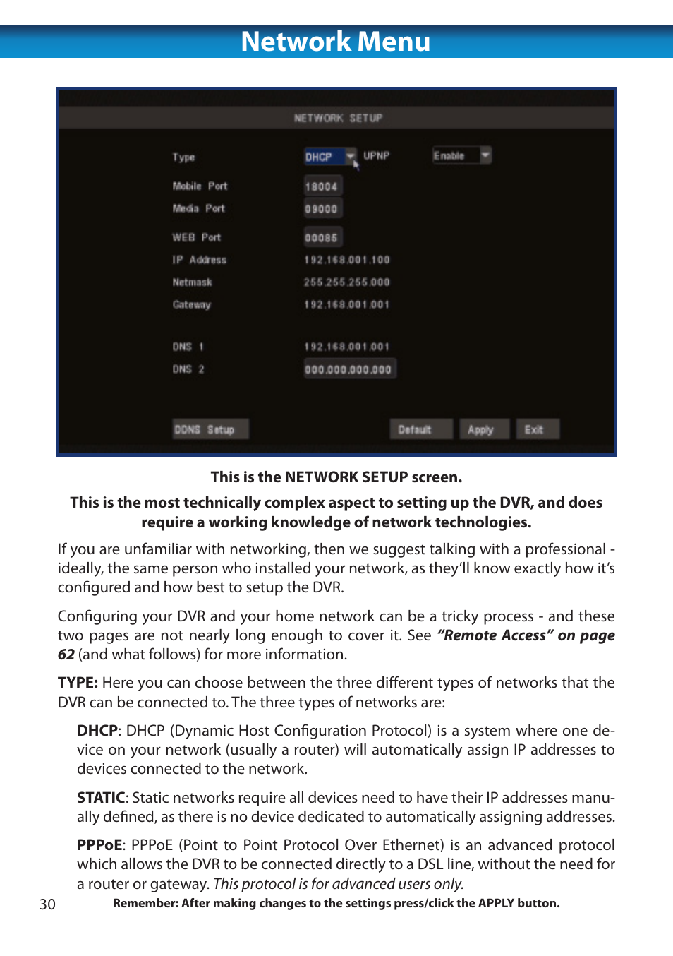 Network menu | Swann 8 Channel DVR H.264 User Manual | Page 32 / 76
