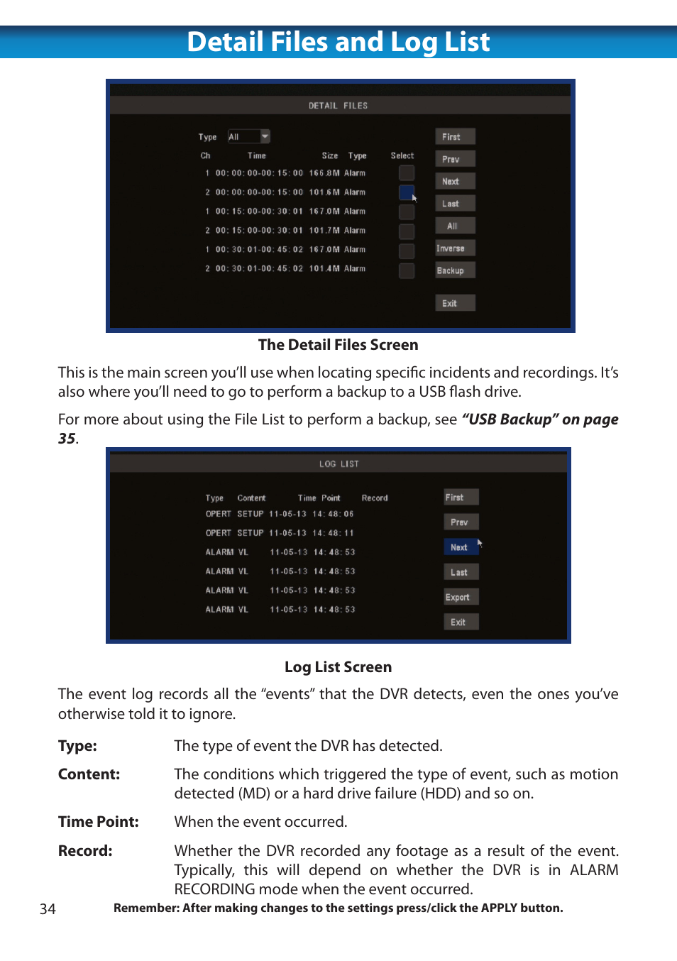 Detail files and log list | Swann 8 Channel DVR H.264 User Manual | Page 36 / 76