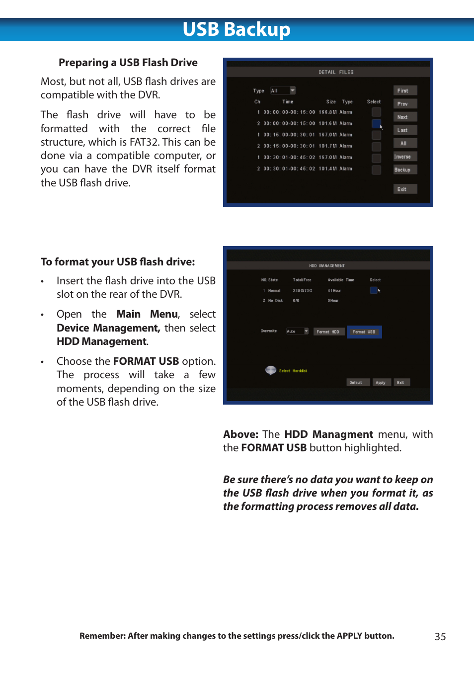 Usb backup | Swann 8 Channel DVR H.264 User Manual | Page 37 / 76