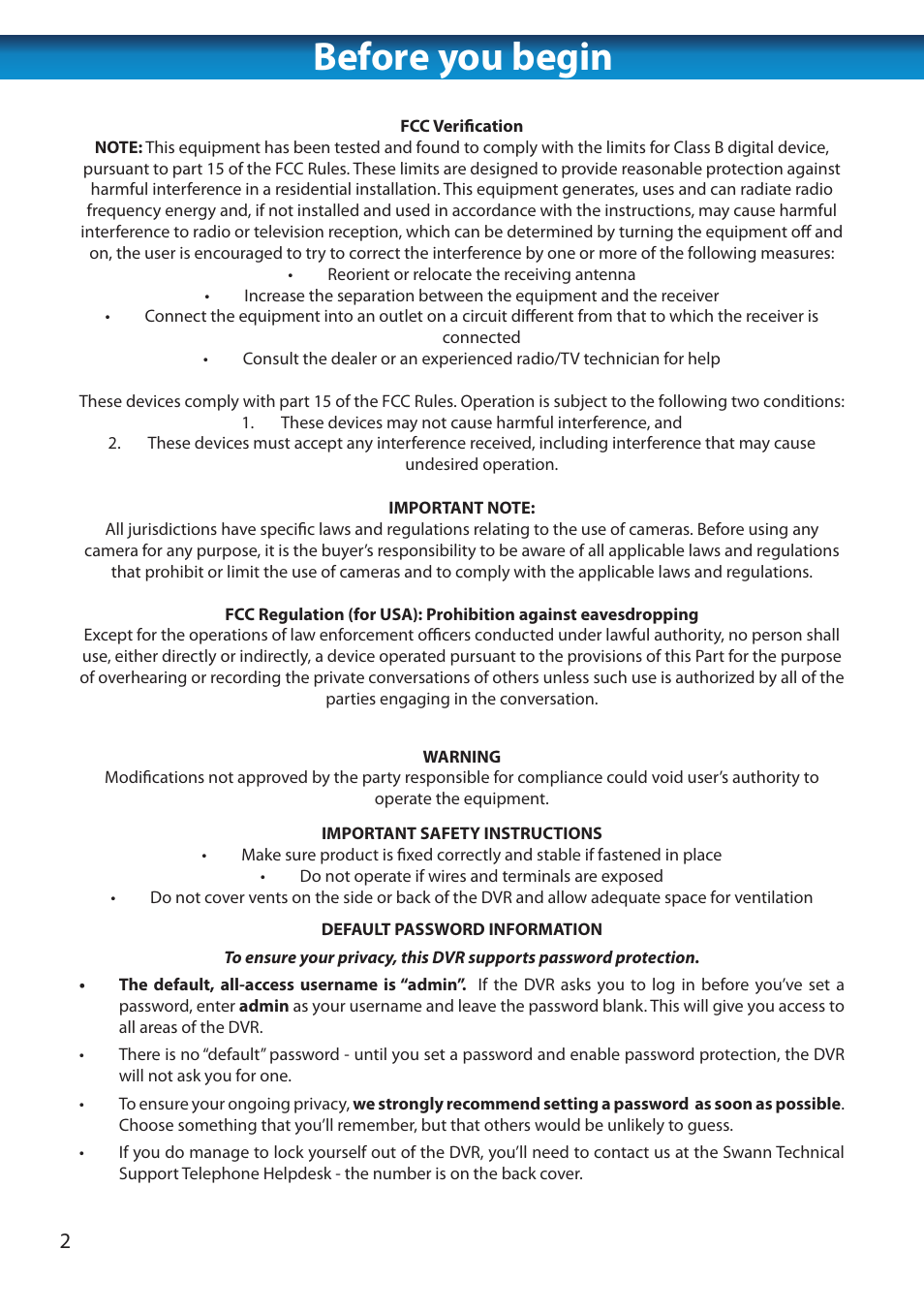 Before you begin | Swann 8 Channel DVR H.264 User Manual | Page 4 / 76