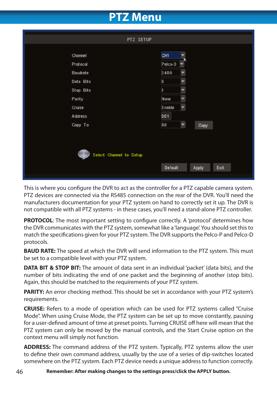 Ptz menu | Swann 8 Channel DVR H.264 User Manual | Page 48 / 76