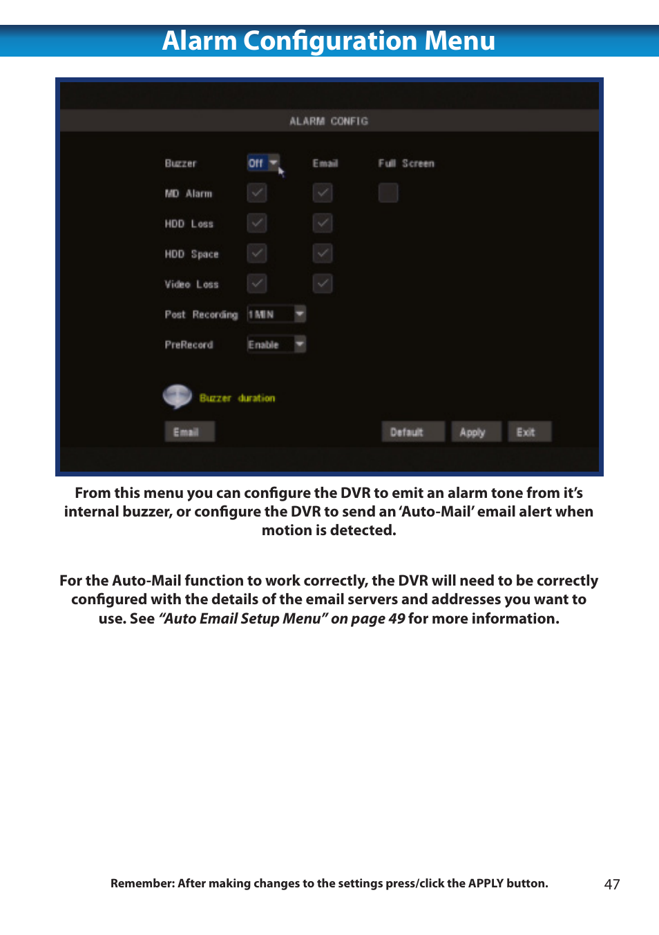 Alarm configuration menu | Swann 8 Channel DVR H.264 User Manual | Page 49 / 76